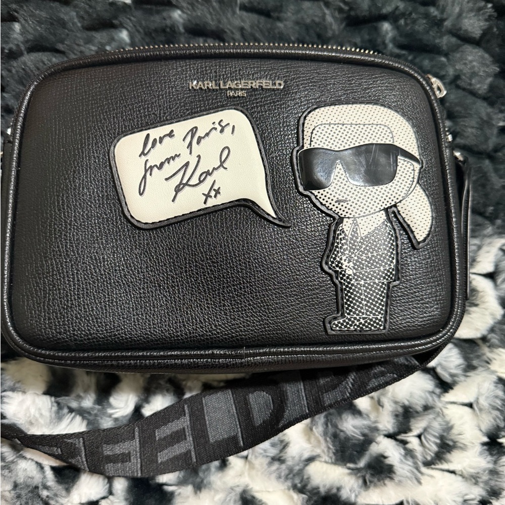 Karl Lagerfeld Black Messenger Bag with Graphic Accents